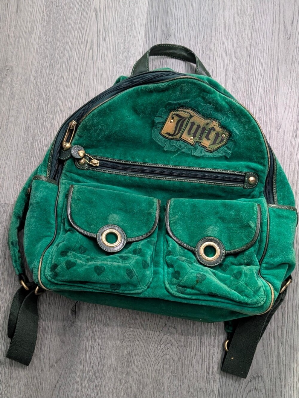 Vintage Juicy Couture Emerald Green Velour Heart Backpack Y2K Rare